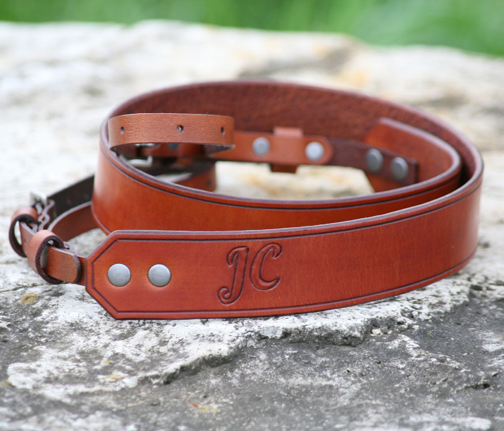 light brown camera strap personalized with initials