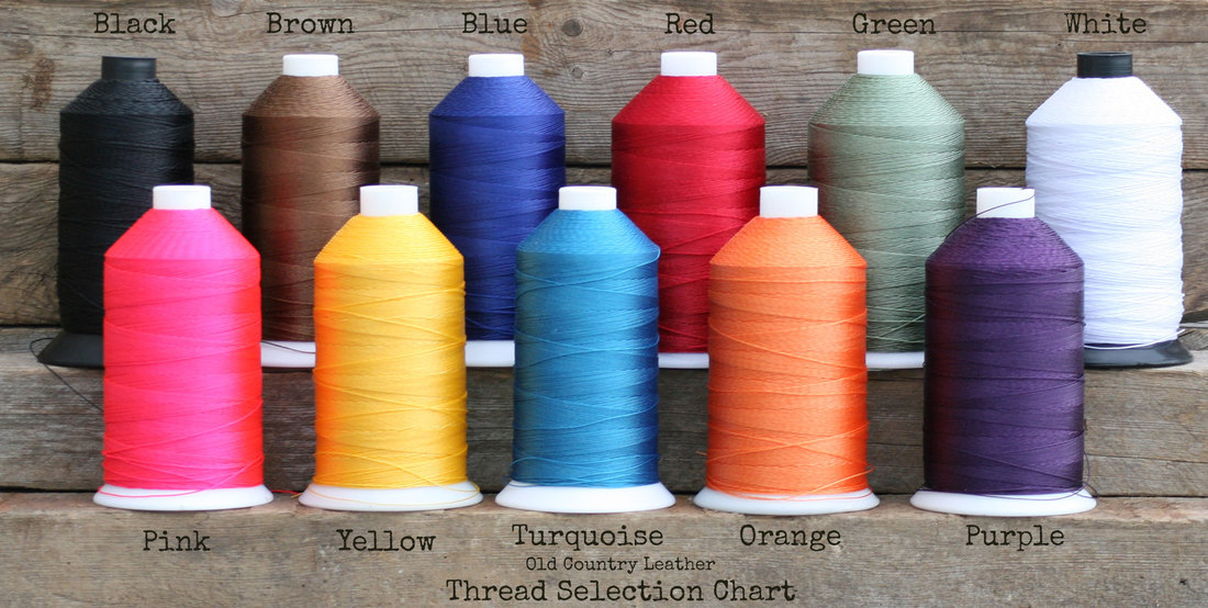 Our eleven thread color options, black, brown,blue,red,green,white,pink,yellow,turquoise,orange and purple